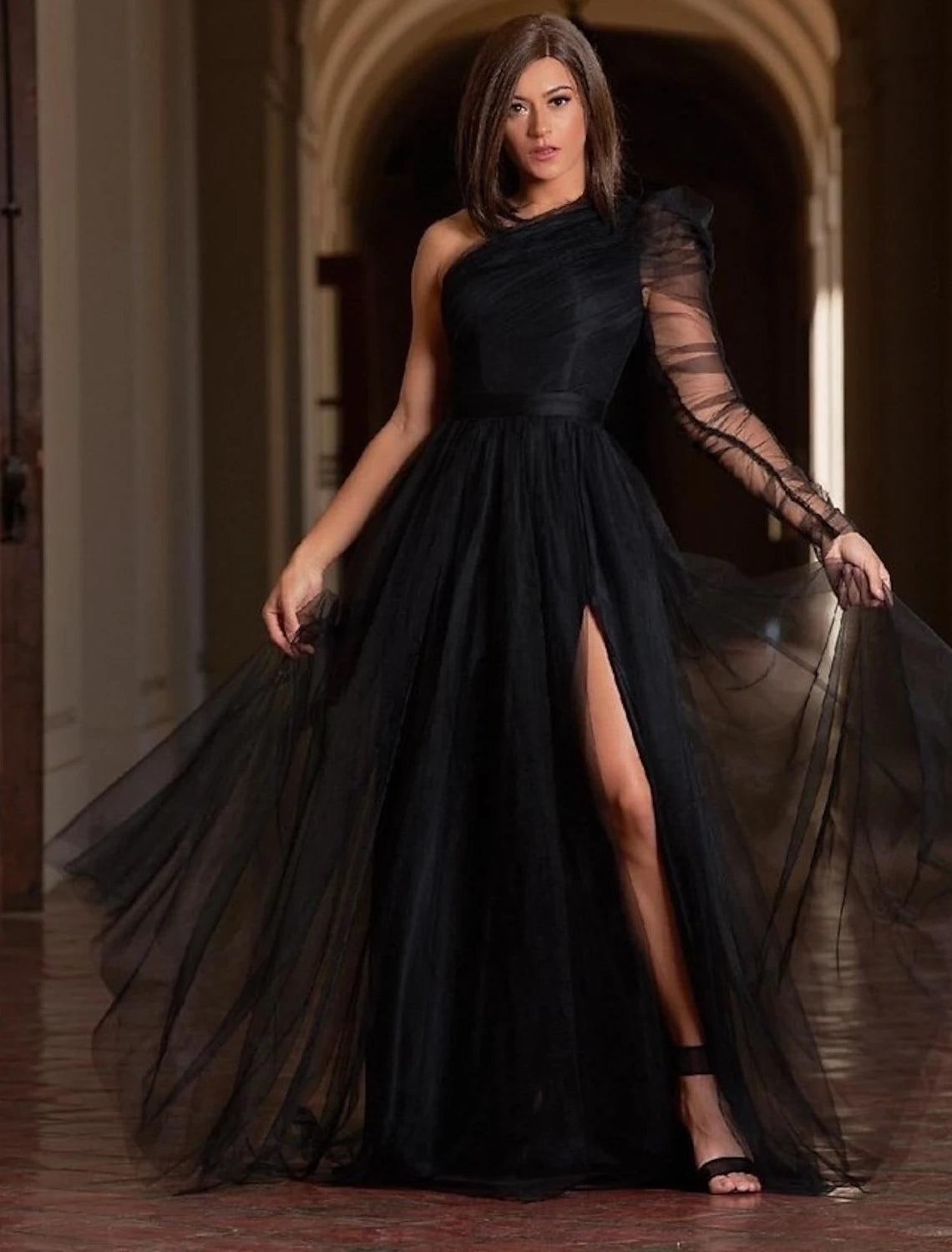 A-Line Prom Dresses Plus Size Dress Wedding Guest Sweep / Brush Train Long Sleeve One Shoulder Wednesday Addams Family Tulle with Slit Pure Color