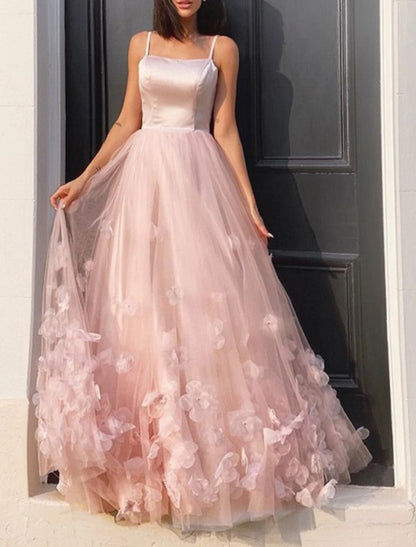 A-Line Prom Party Dress Floral Dress Performance Sweet 16 Floor Length Sleeveless Spaghetti Strap Tulle with Pleats Appliques