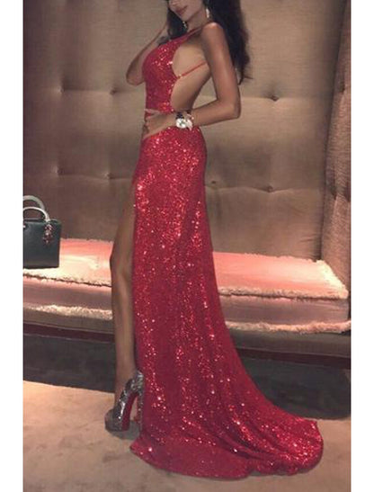 Mermaid / Trumpet Prom Dresses Sparkle & Shine Dress Formal Prom Court Train Sleeveless Strapless Sequined Backless with Sequin