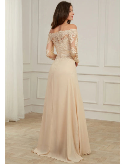 A-Line Evening Gown Elegant Dress Wedding Guest Formal Evening Floor Length Long Sleeve Off Shoulder Polyester with Overskirt Appliques