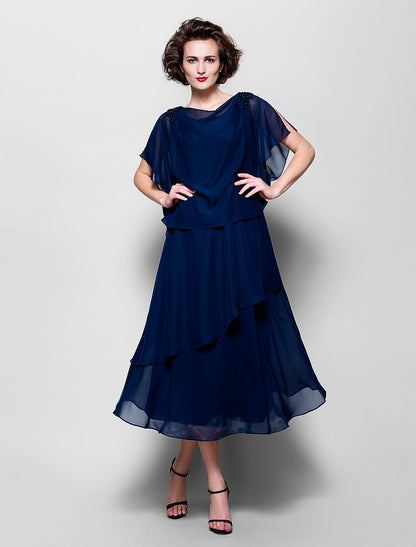 A-Line Mother of the Bride Dress Plus Size Elegant Cowl Neck Tea Length Chiffon Short Sleeve with Ruffles Crystal Brooch