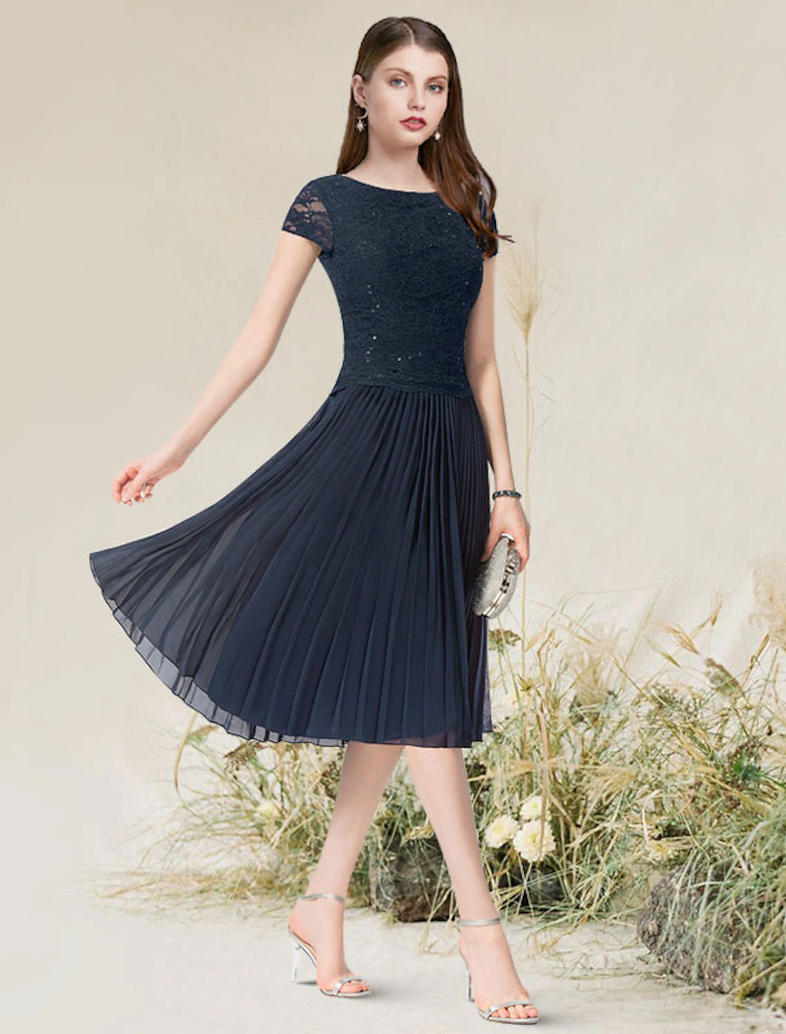 A-Line Cocktail Dresses Flirty Dress Homecoming Tea Length Short Sleeve Jewel Neck Chiffon with Pleats