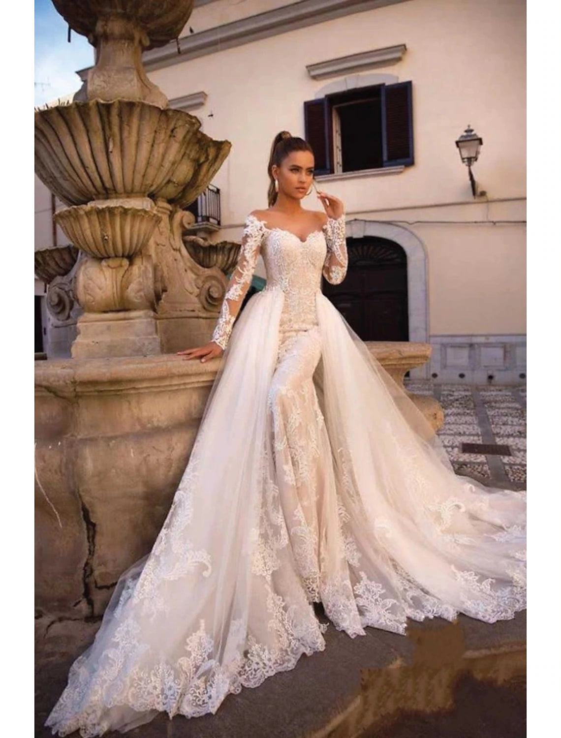 Engagement Formal Fall Wedding Dresses Two Piece Sweetheart Long Sleeve Court Train Lace Outdoor Bridal Gowns With Appliques