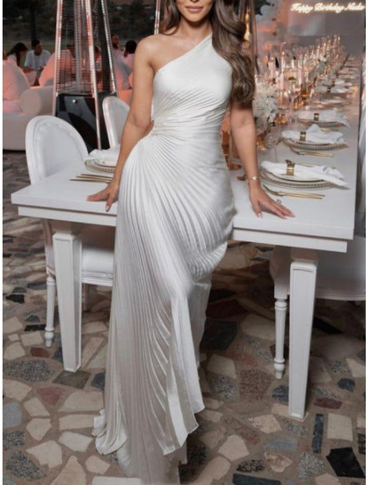 Casual Wedding Dresses A-Line One Shoulder Sleeveless Asymmetrical Satin Bridal Gowns With Pleats Ruched