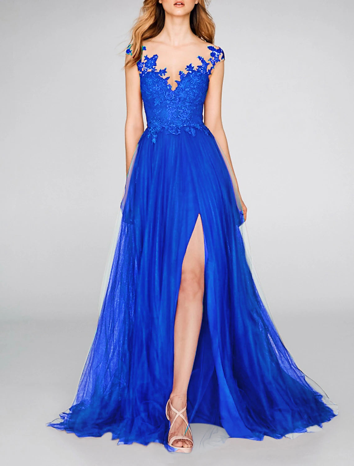 A-Line Evening Gown Party Dress Sexy Dress Engagement Prom Court Train Sleeveless V Neck Chiffon with Slit Appliques