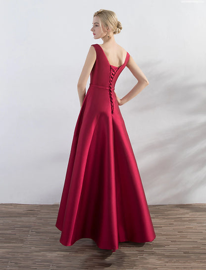 A-Line Evening Gown Elegant Minimalist Dress Party Wear Wedding Guest Asymmetrical Sleeveless Jewel Neck Satin with Sleek