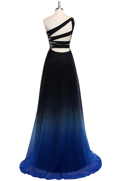 One Shoulder Chiffon Beads Prom Dress