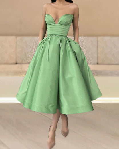 A-line Satin Strapless Midi Ball Gown Prom Dresses