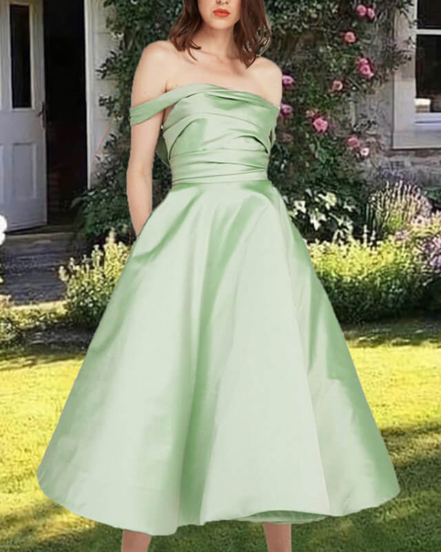 A-line Off Shoulder Satin Prom Dresses