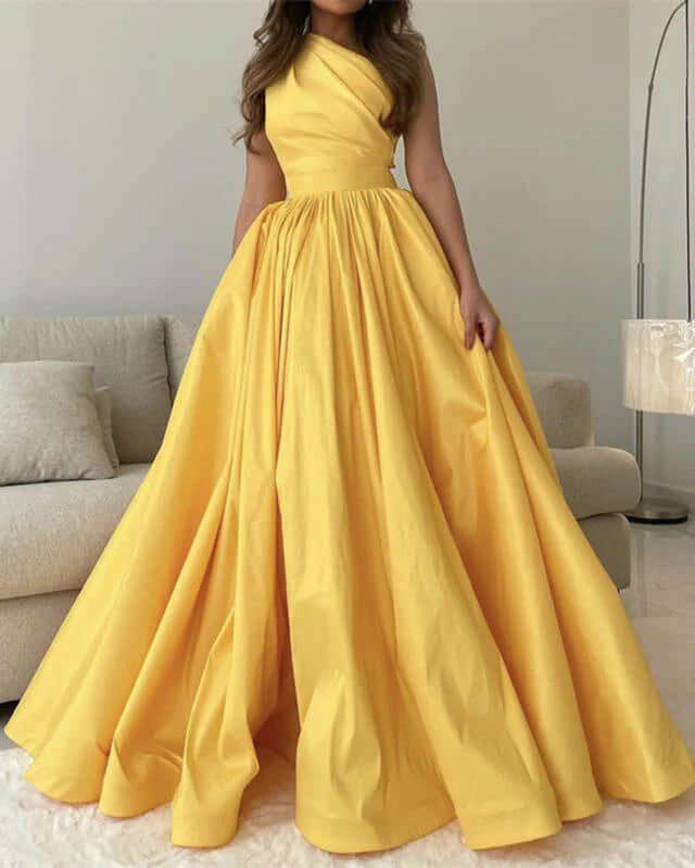 A-Line One Shoulder Evening Gown Long Satin Gown Formal Party Dress Prom Dresses