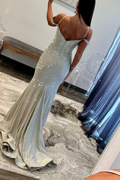 Mermaid Glitter Off The Shoulder Long Corset Beaded Prom Dress With Slit