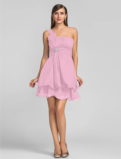 A-Line Minimalist Cute Dress Homecoming Cocktail Party Short / Mini One Shoulder Sleeveless Chiffon with Ruched Draping Crystal Brooch