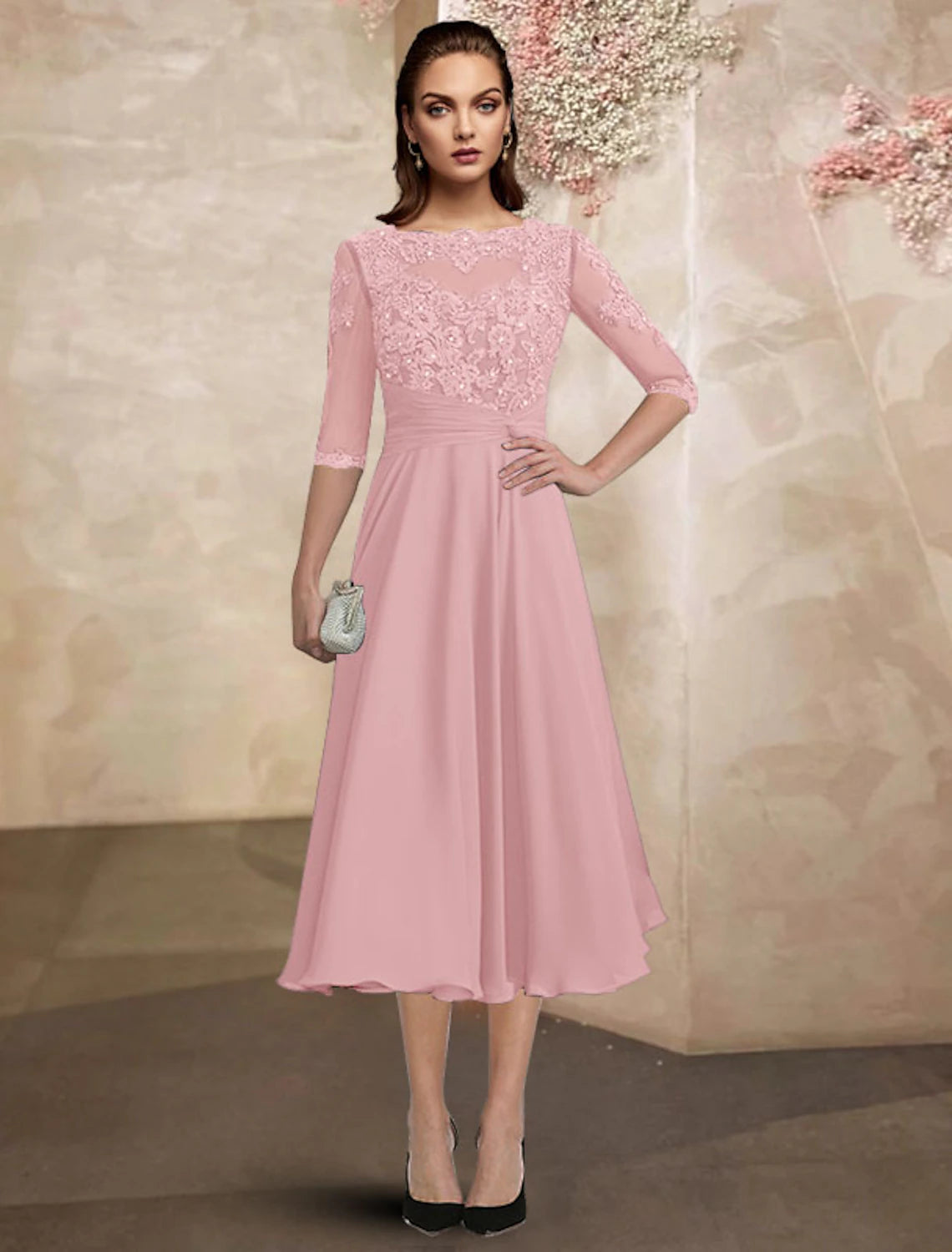 A-Line Mother of the Bride Dress Plus Size Elegant Jewel Neck Tea Length Chiffon Lace Half Sleeve with Ruched Beading Appliques