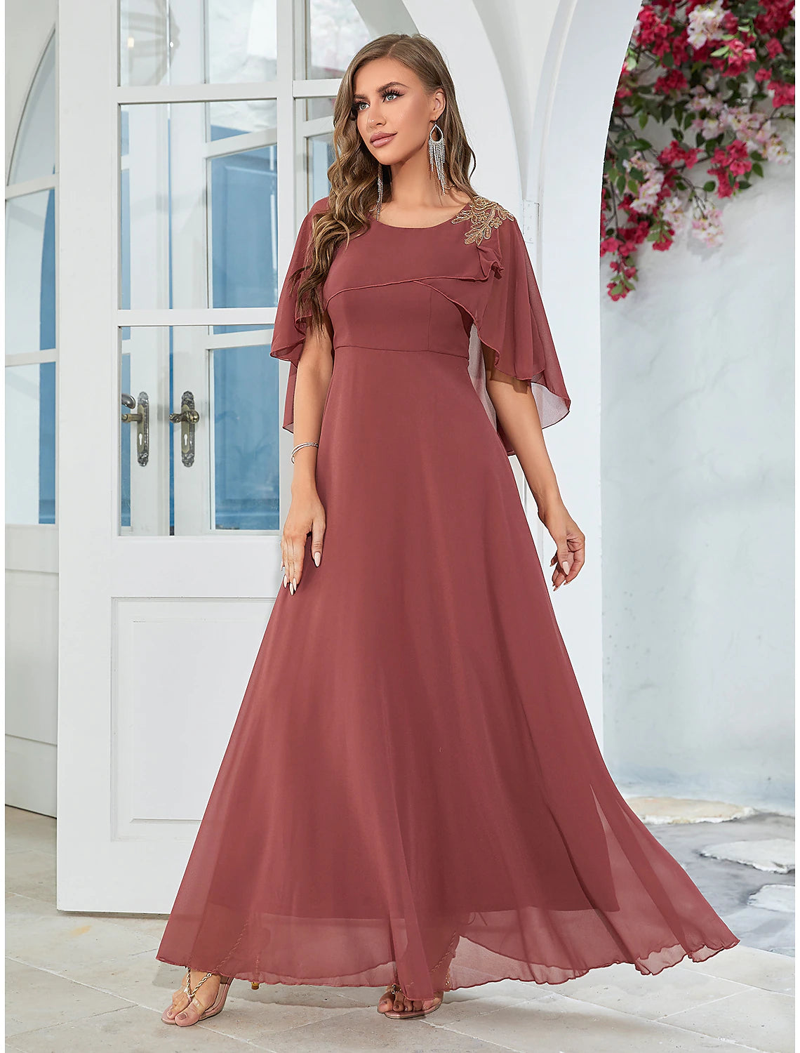 A-Line Wedding Guest Dresses Elegant Dress Party Wear Floor Length Half Sleeve Jewel Neck Chiffon with Ruffles