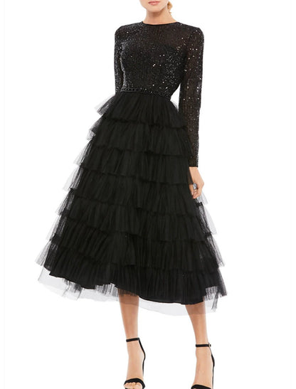 A-Line Cocktail Dresses Sparkle Black Dress Plus Size Party Wear Wedding Guest Tea Length Long Sleeve Jewel Neck Fall Wedding Guest Tulle with Sequin Tiered