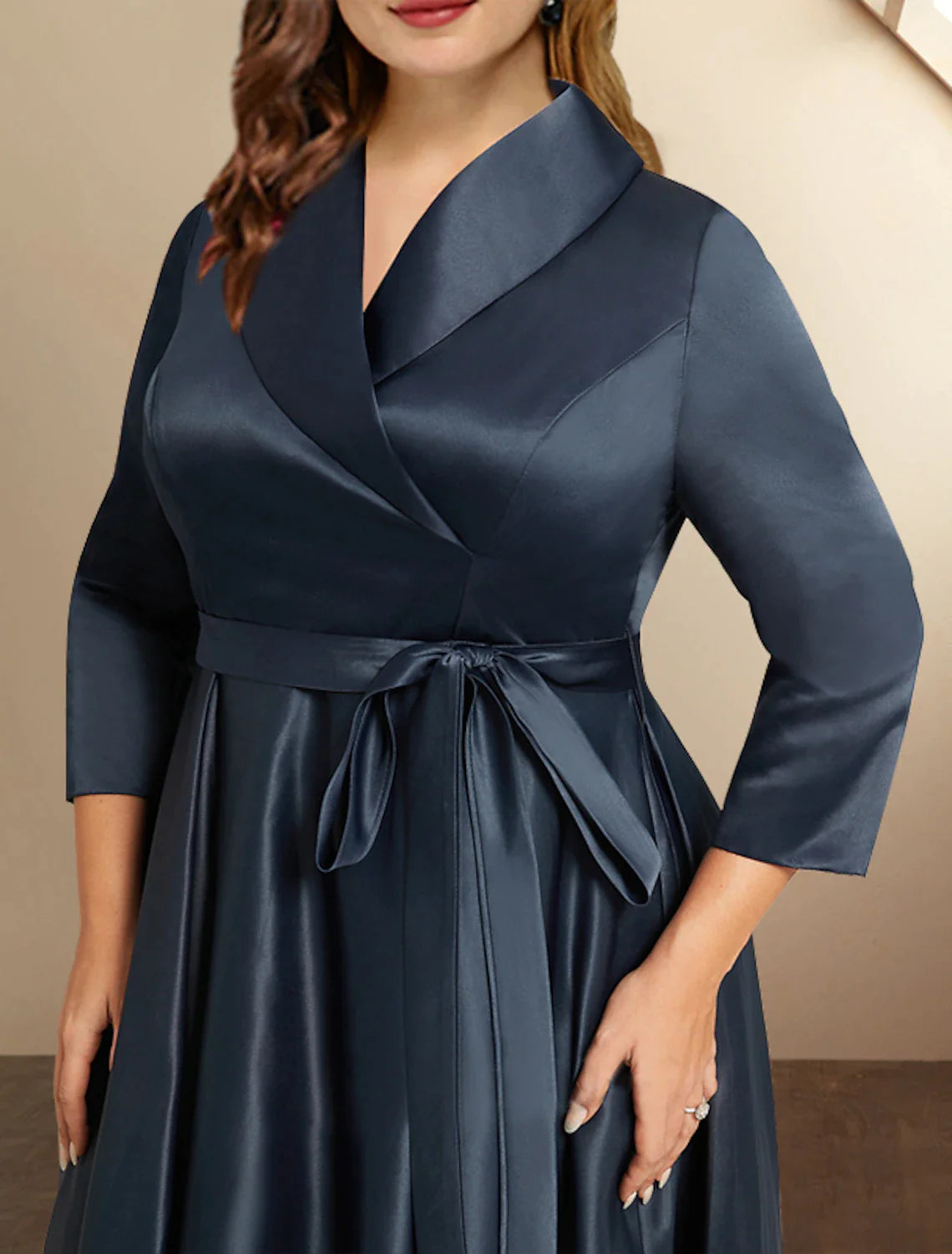 A-Line Mother of the Bride Dresses Plus Size Hide Belly Curve High Low Dress Formal Asymmetrical 3/4 Length Sleeve Shirt Collar Satin with Bow(s) Pleats