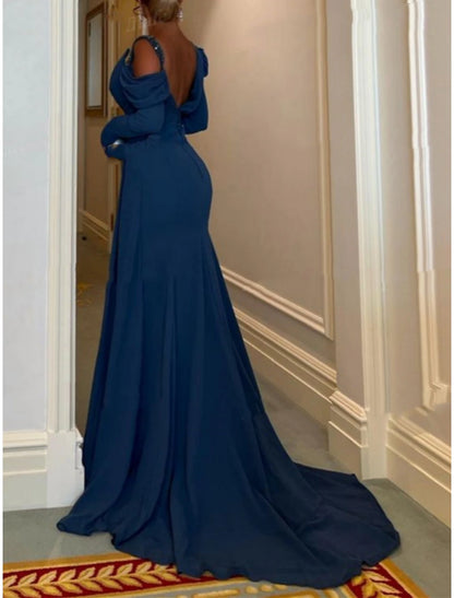 A-Line Evening Gown Elegant Dress Formal Court Train Long Sleeve Square Neck Sequined with Sequin Slit