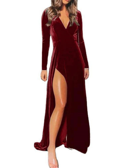 A-Line Bridesmaid Dress V Neck Long Sleeve Sexy Sweep / Brush Train Velvet with Split Front