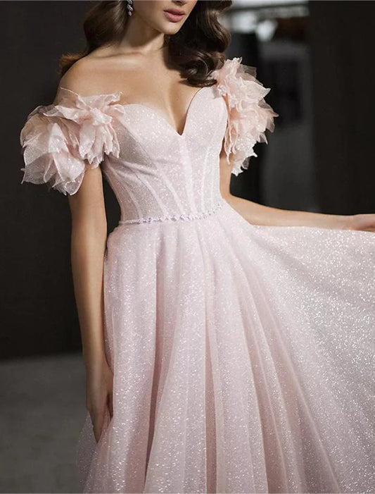 A-Line Prom Dresses Glittering Dress Prom Birthday Floor Length Sleeveless Off Shoulder Tulle with Glitter Crystals