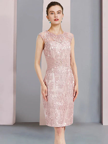 Two Piece Sheath / Column Mother of the Bride Dress Formal Wedding Guest Elegant Scoop Neck Knee Length Chiffon Lace Sleeveless Jacket Dresses with Beading Appliques