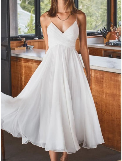 Little White Dresses Wedding Dresses A-Line Camisole Sleeveless Tea Length Chiffon Bridal Gowns With Pleats Solid Color