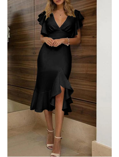 Mermaid / Trumpet Wedding Guest Dresses Elegant Dress Wedding Party Semi Formal Asymmetrical Short Sleeve V Neck Polyester with Ruffles Pure Color