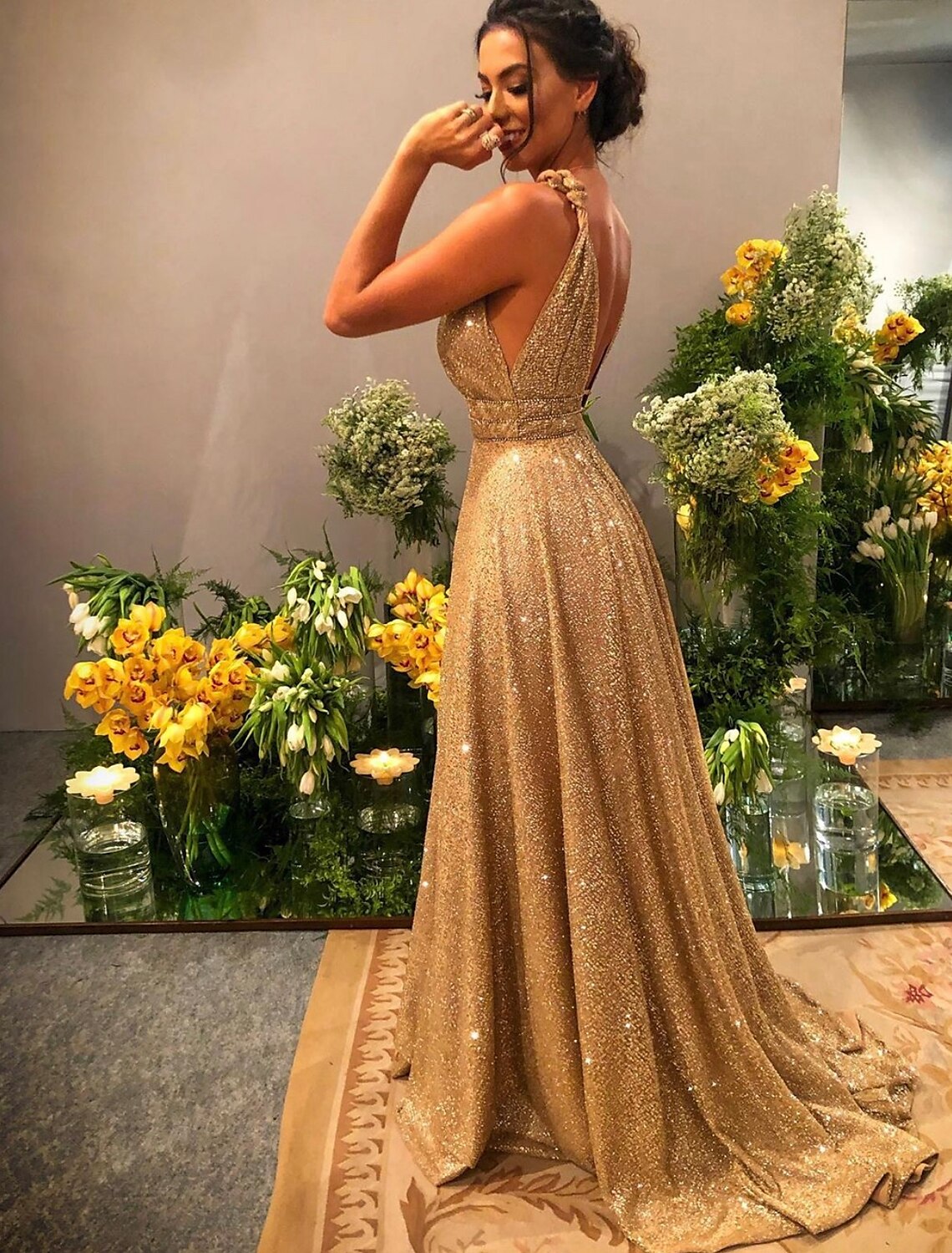 A-Line Prom Dresses Glittering Dress Evening Party Formal Evening Sweep / Brush Train Sleeveless Spaghetti Strap Stretch Satin Backless with Rhinestone