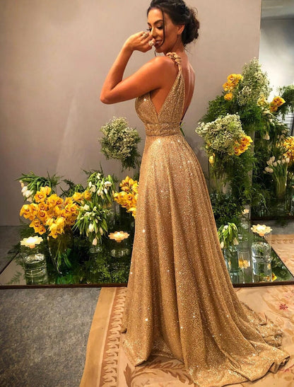 A-Line Prom Dresses Glittering Dress Evening Party Formal Evening Sweep / Brush Train Sleeveless Spaghetti Strap Stretch Satin Backless with Rhinestone