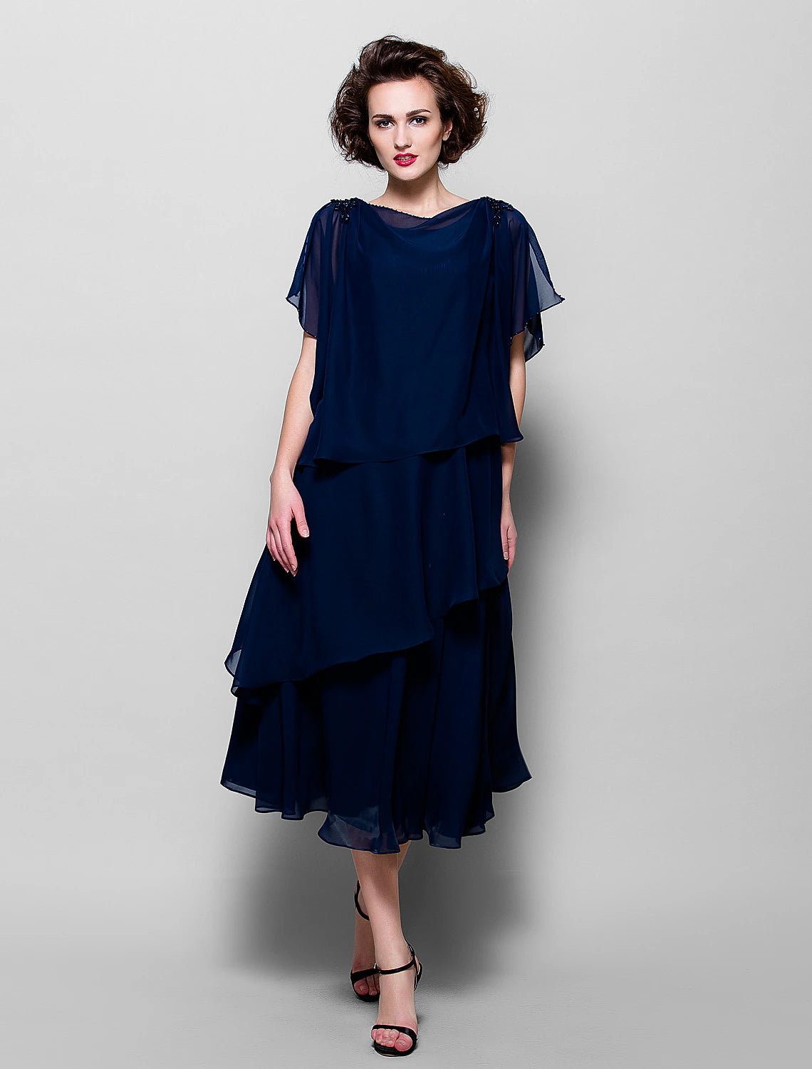 A-Line Mother of the Bride Dress Plus Size Elegant Cowl Neck Tea Length Chiffon Short Sleeve with Ruffles Crystal Brooch