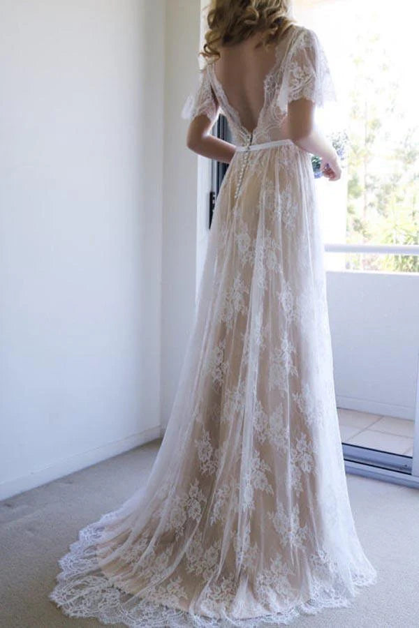 A-line Lace Long Wedding Dress with Open Back