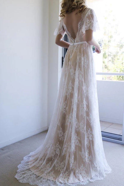 A-line Lace Long Wedding Dress with Open Back