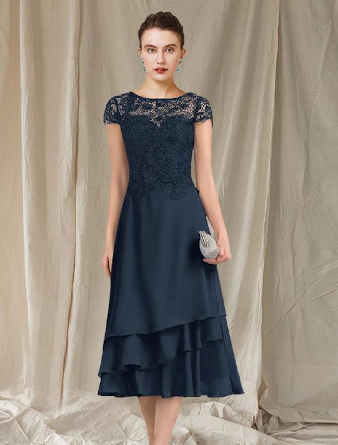 A-Line Mother of the Bride Dress Elegant Jewel Neck Tea Length Chiffon Lace Short Sleeve with Ruffles