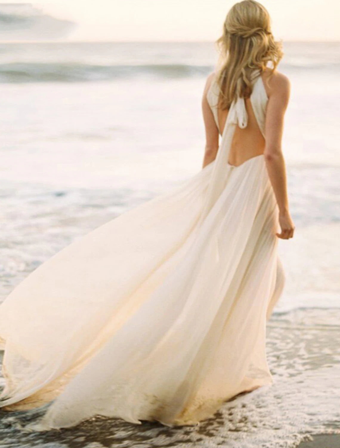 Beach Open Back Boho Wedding Dresses A-Line Halter Sleeveless Sweep / Brush Train Chiffon Bridal Gowns With Solid Color