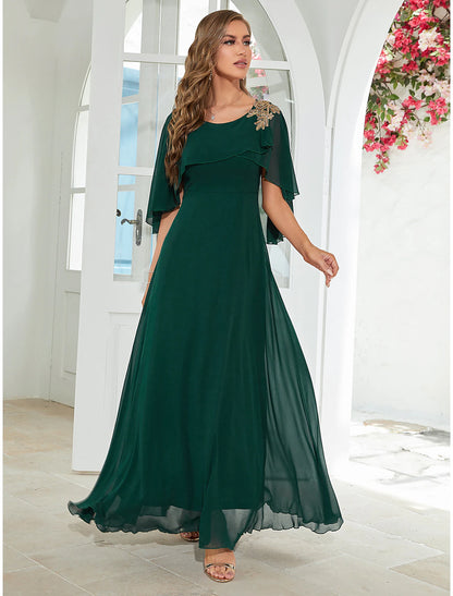 A-Line Wedding Guest Dresses Elegant Dress Party Wear Floor Length Half Sleeve Jewel Neck Chiffon with Ruffles