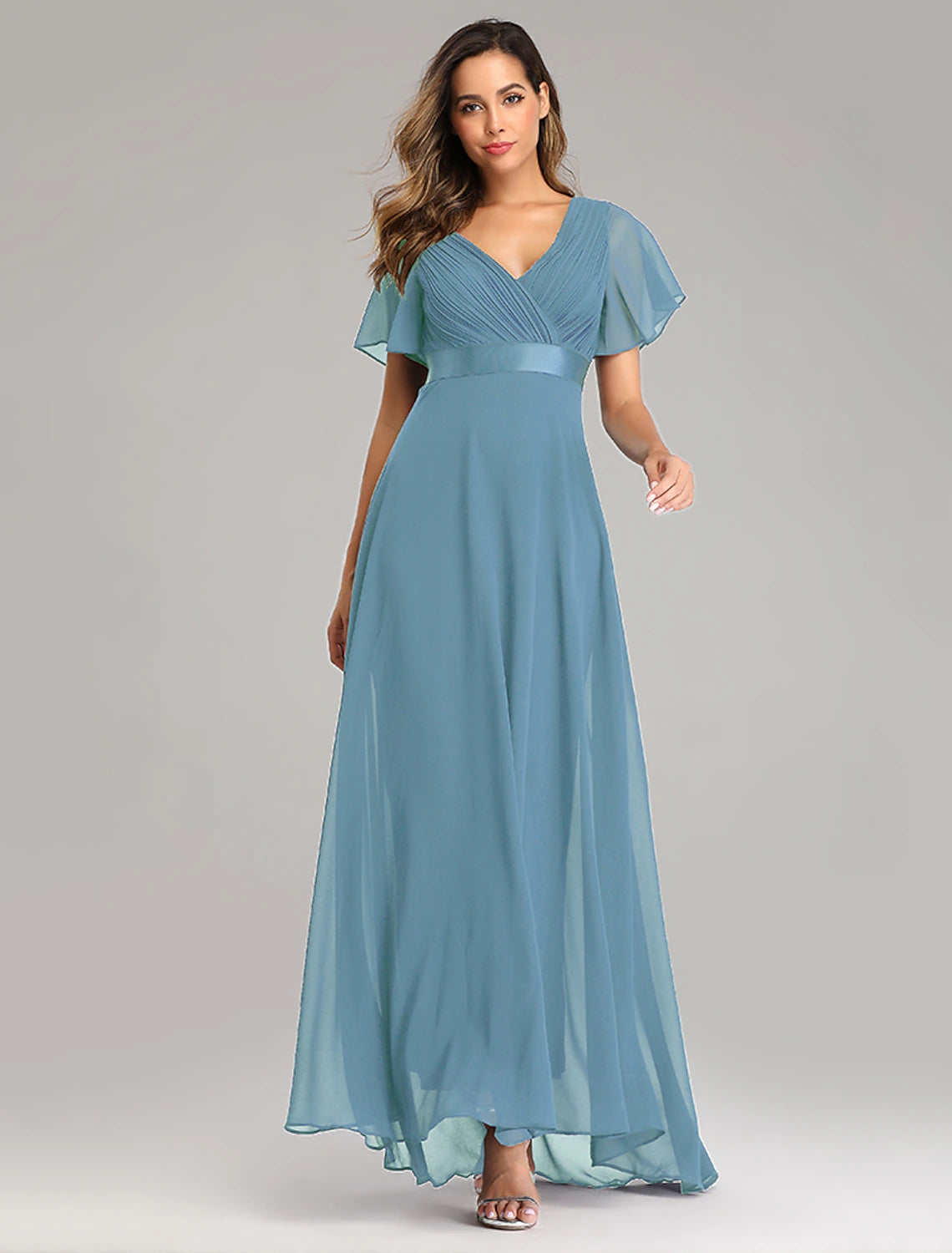 A-Line Prom Dresses Maxi Dress Graduation Floor Length Short Sleeve V Neck Chiffon V Back with Ruched Ruffles