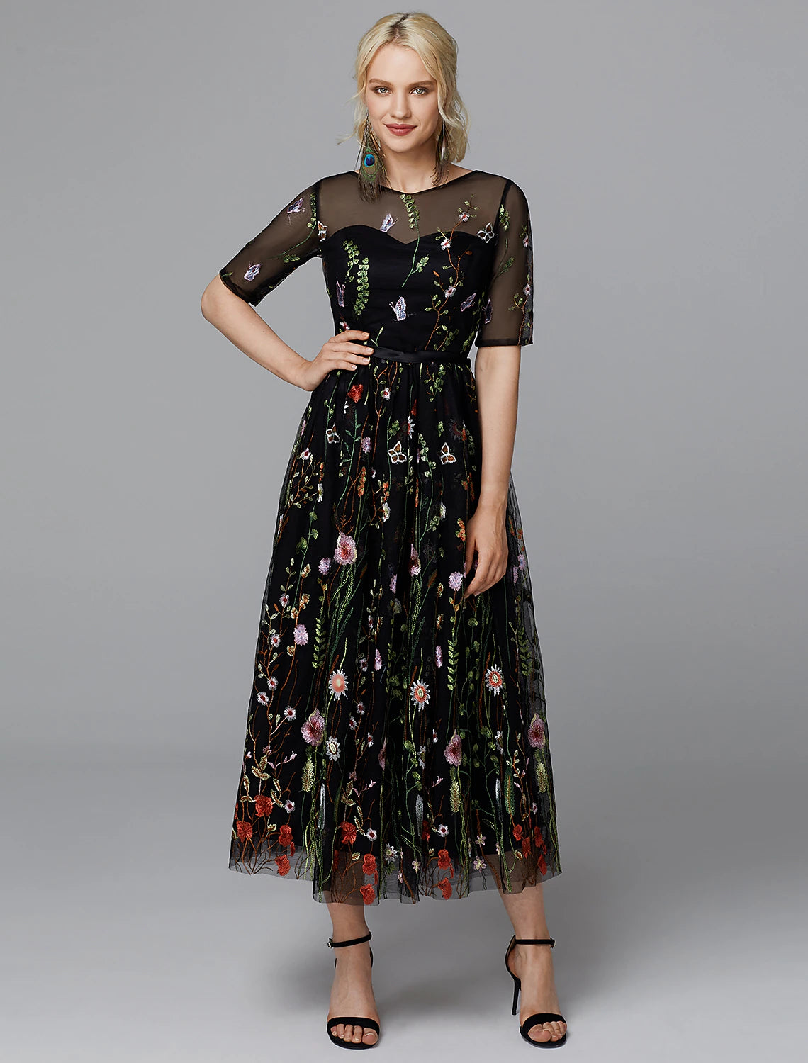 A-Line Floral Dress Holiday Wedding Guest Tea Length Half Sleeve Illusion Neck Lace with Embroidery Appliques