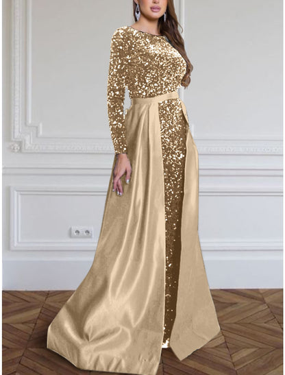 A-Line Evening Gown Elegant Dress Formal Fall Sweep / Brush Train Long Sleeve Jewel Neck Sequined with Glitter Pleats