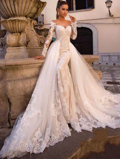 Engagement Formal Fall Wedding Dresses Two Piece Sweetheart Long Sleeve Court Train Lace Outdoor Bridal Gowns With Appliques