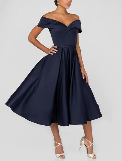 A-Line Cocktail Dresses Elegant Dress Formal Party Wear Tea Length Sleeveless Sweetheart Pocket Satin with Ruched