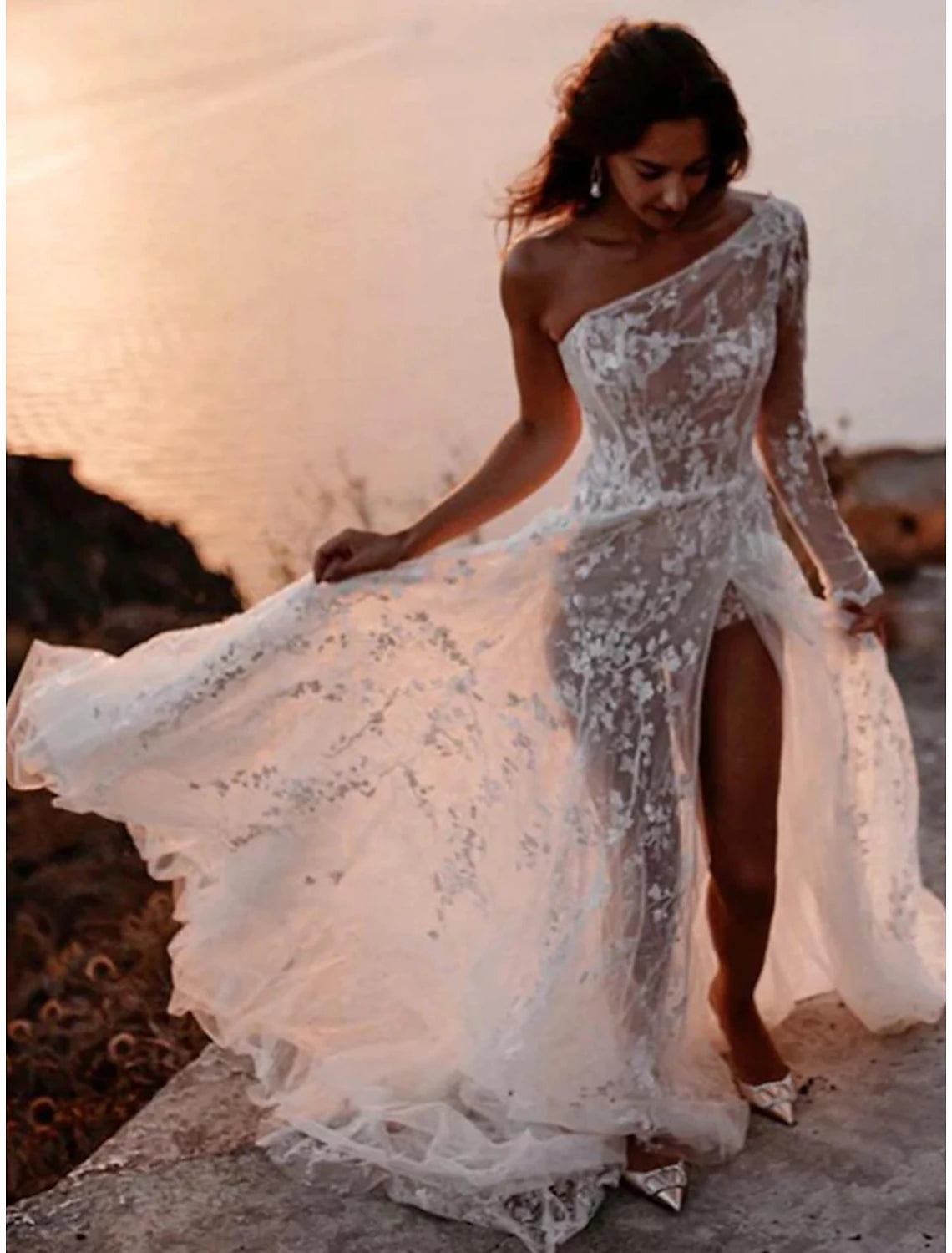 Beach Sexy Boho Wedding Dresses A-Line One Shoulder Long Sleeve Sweep / Brush Train Lace Bridal Gowns With Split Front