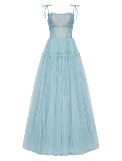 A-Line Prom Dresses Elegant Dress Wedding Guest Floor Length Sleeveless Spaghetti Strap Tulle with Pleats Ruffles