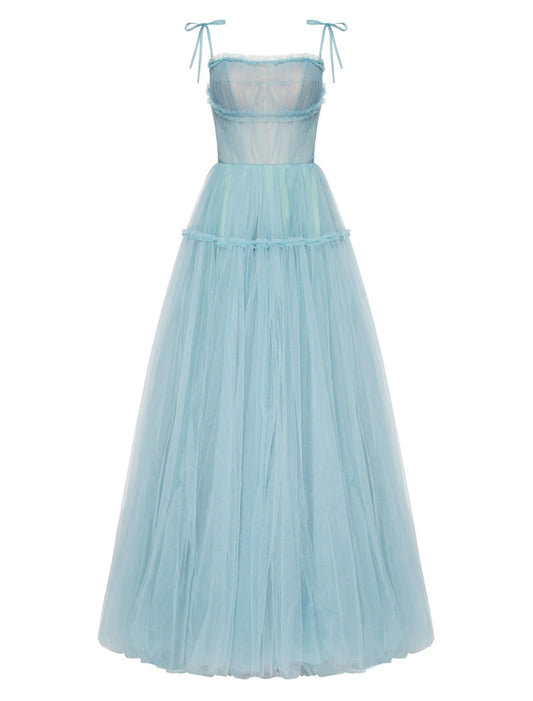 A-Line Prom Dresses Elegant Dress Wedding Guest Floor Length Sleeveless Spaghetti Strap Tulle with Pleats Ruffles