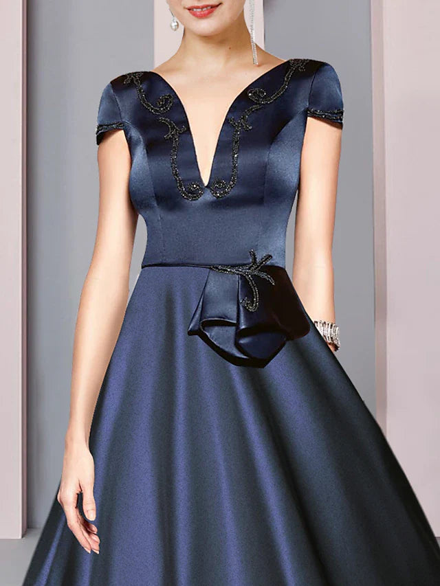 A-Line Mother of the Bride Dress Formal Church Party Elegant V Neck Tea Length Satin Short Sleeve with Beading Ruching