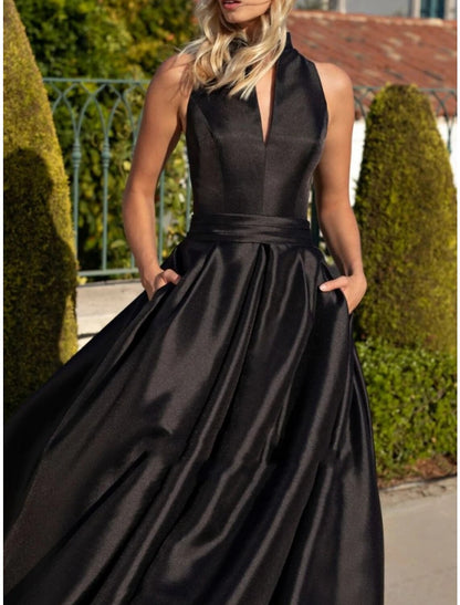 A-Line Evening Gown Party Dress Elegant Dress Formal Fall Sweep / Brush Train Sleeveless V Neck Satin with Pleats