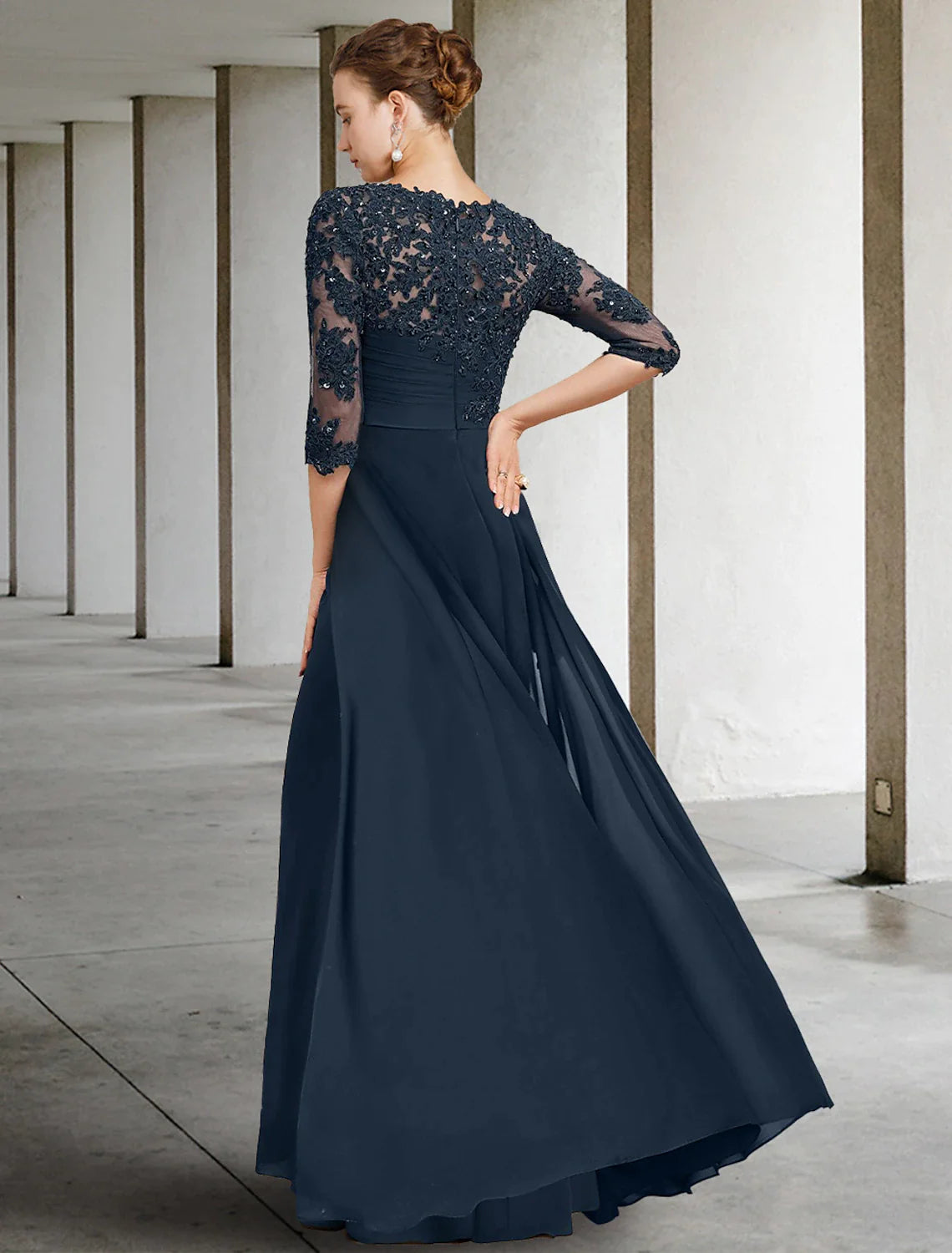 Sheath / Column Mother of the Bride Dress Wedding Guest Elegant Jewel Neck Floor Length Chiffon Lace Half Sleeve with Sequin Ruching Solid Color