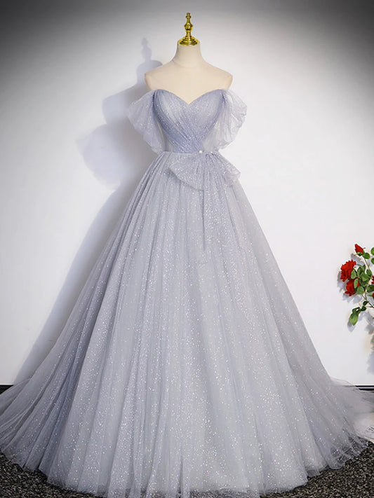 A-Line Off Shoulder Tulle Long Prom Dress