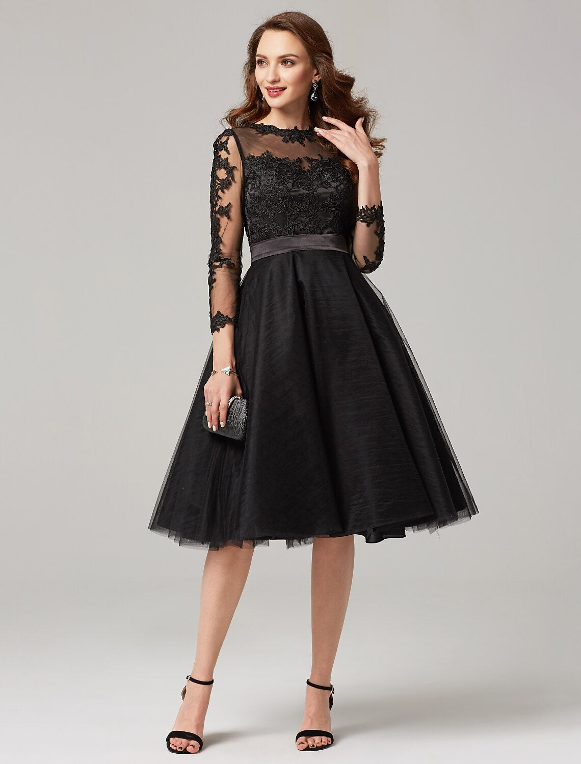 A-Line Elegant Dress Wedding Guest Knee Length 3/4 Length Sleeve Illusion Neck Tulle Over Lace with Appliques