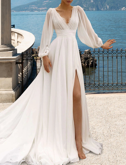 Beach Sexy Wedding Dresses A-Line V Neck Long Sleeve Court Train Chiffon Bridal Gowns With Pleats Split Front Summer Fall Wedding Party