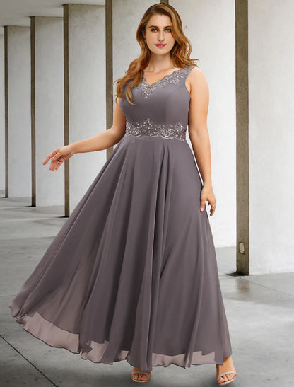 Two Piece A-Line Wedding Guest Dresses Plus Size Hide Belly Elegant Dress Formal Tea Length Sleeveless V Neck Chiffon with Appliques