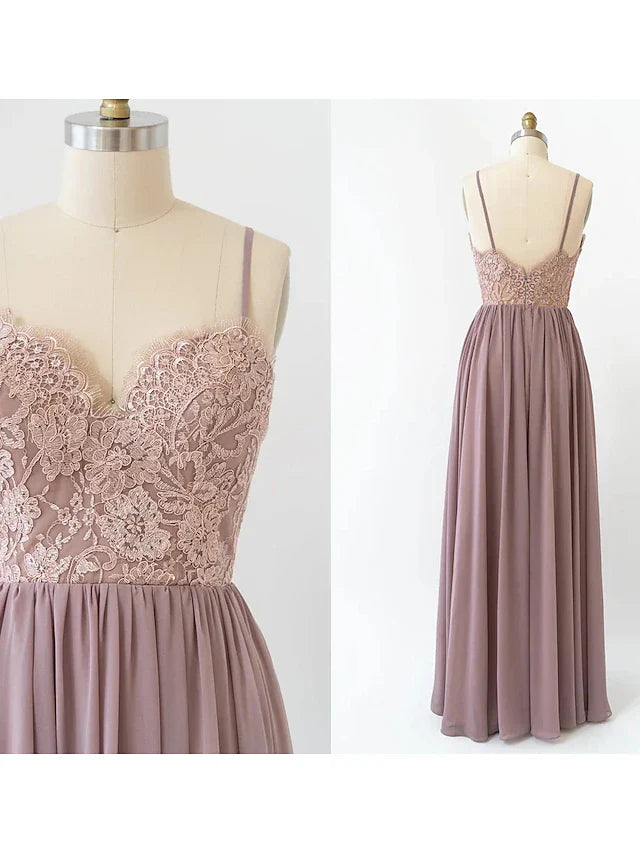 A-Line Bridesmaid Dress V Neck Sleeveless Open Back Floor Length Chiffon with Pleats